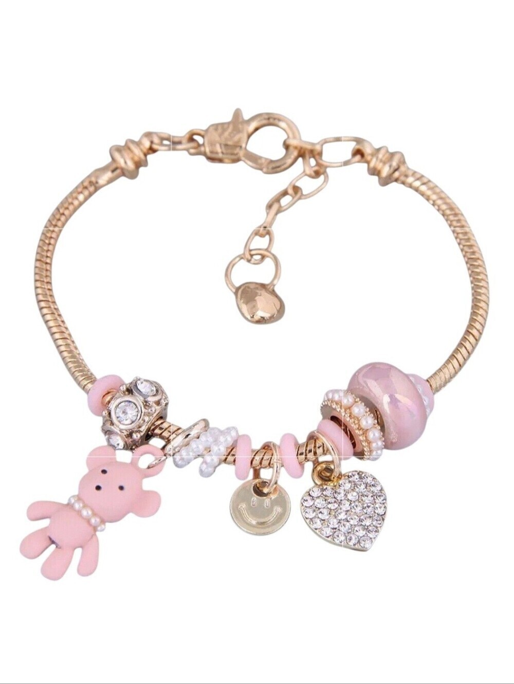 Heart and Teddy Bear Charm Bracelet Pink Zircon Heart Charm